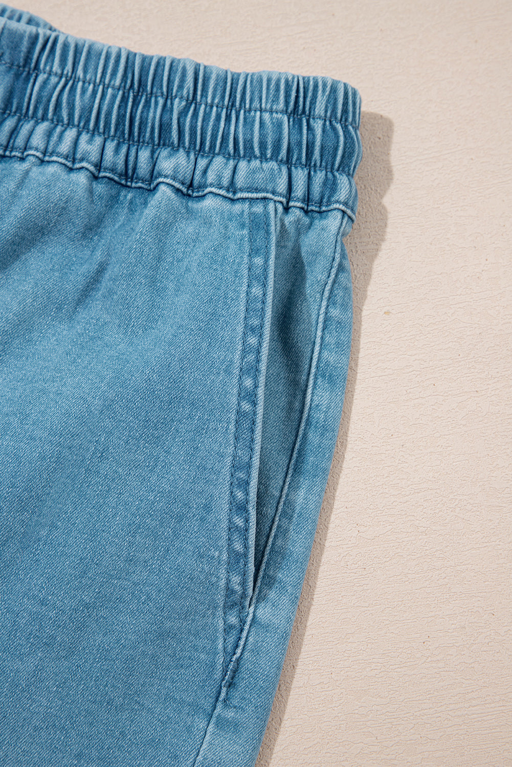 Blue Contrast Drawstring Elastic Waist Denim Shorts