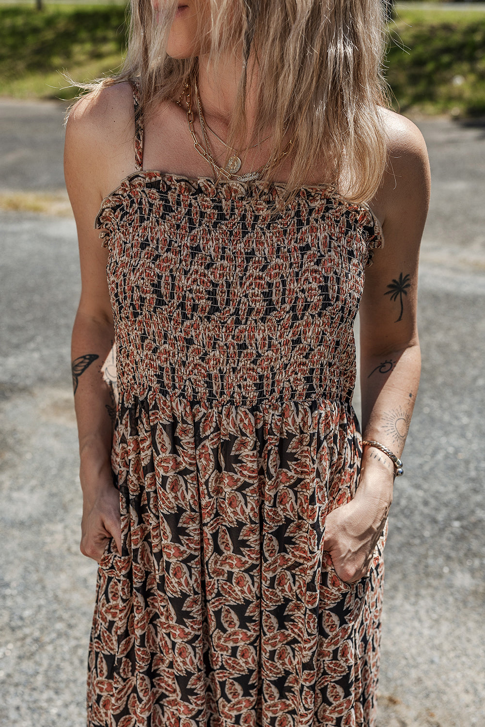Brown Floral Smocked Flowy Sun Dress