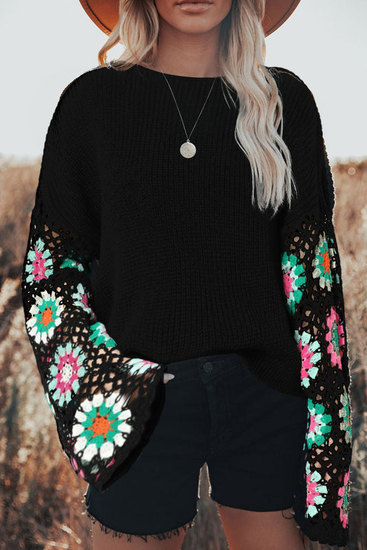 Black Floral Crochet Sweater Top