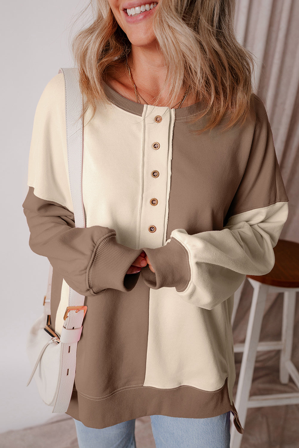 Parchment Colorblock Henley Oversize Sweatshirt
