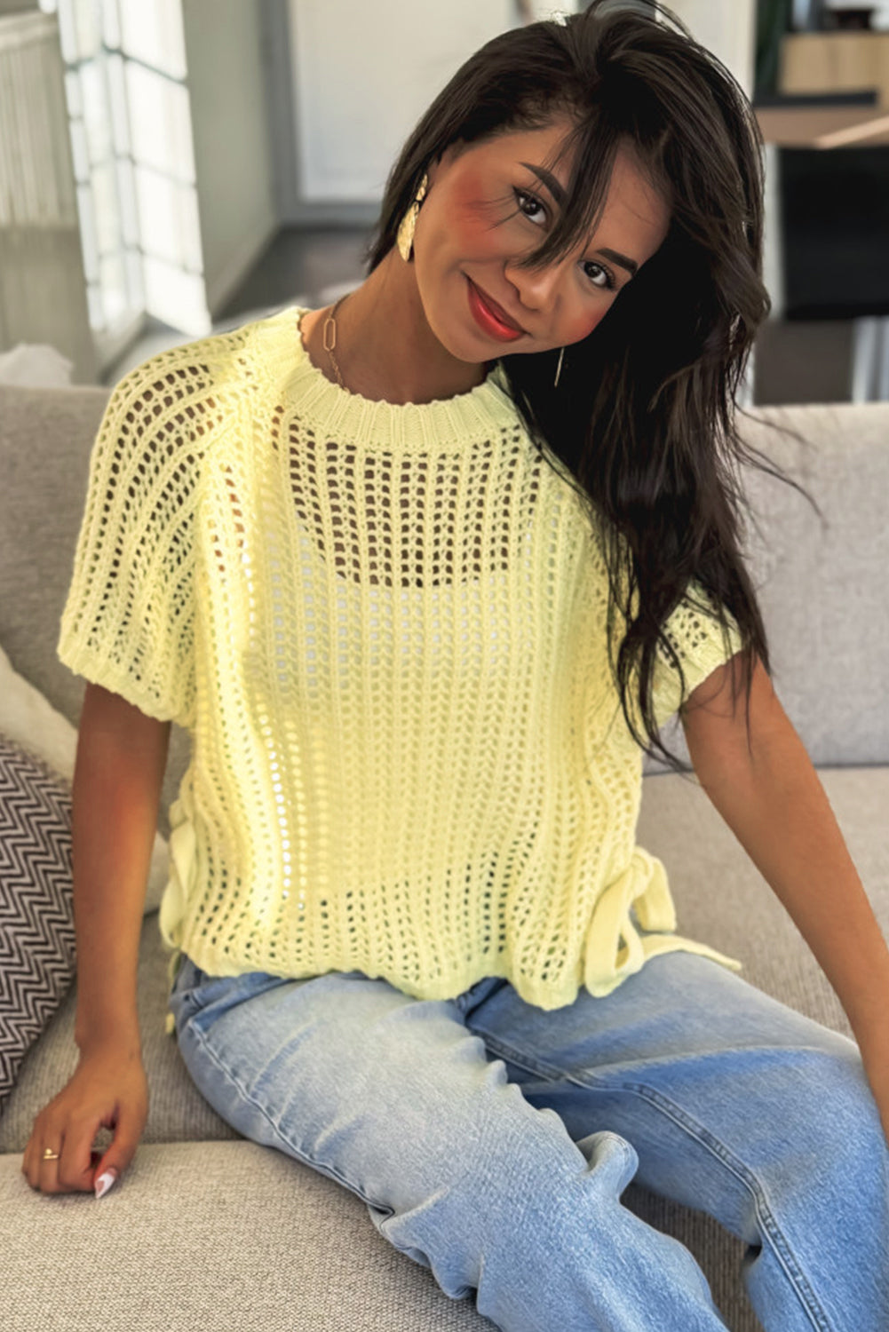 Yellow Cream Crochet Sweater Top