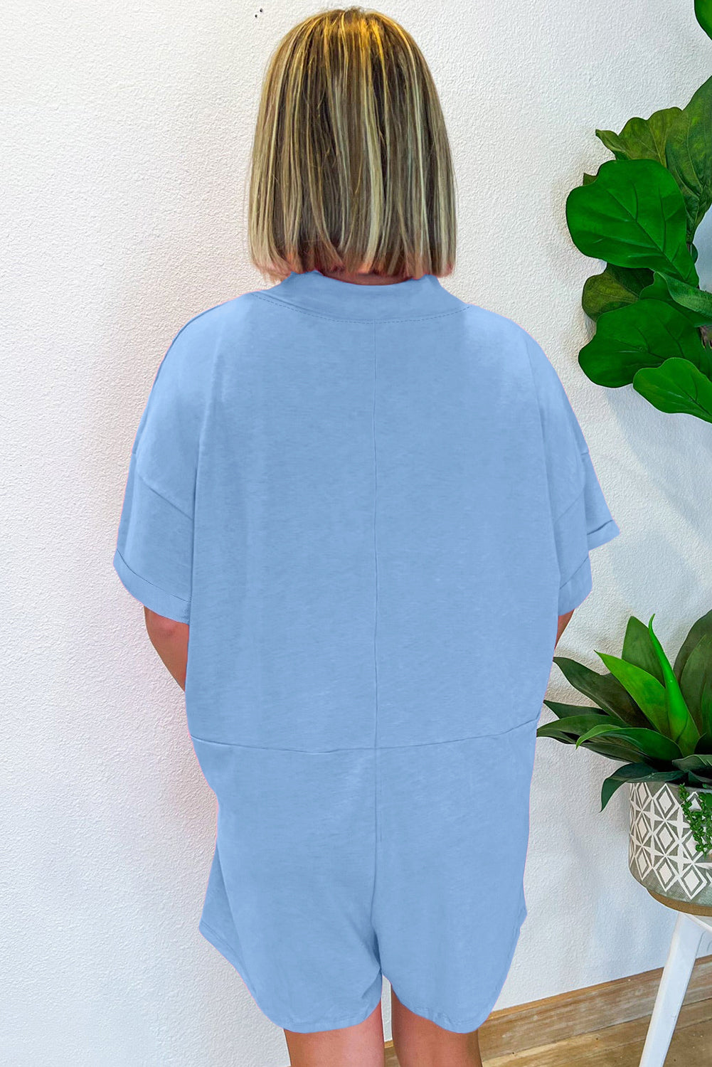 Blue Loose Half Sleeve Romper