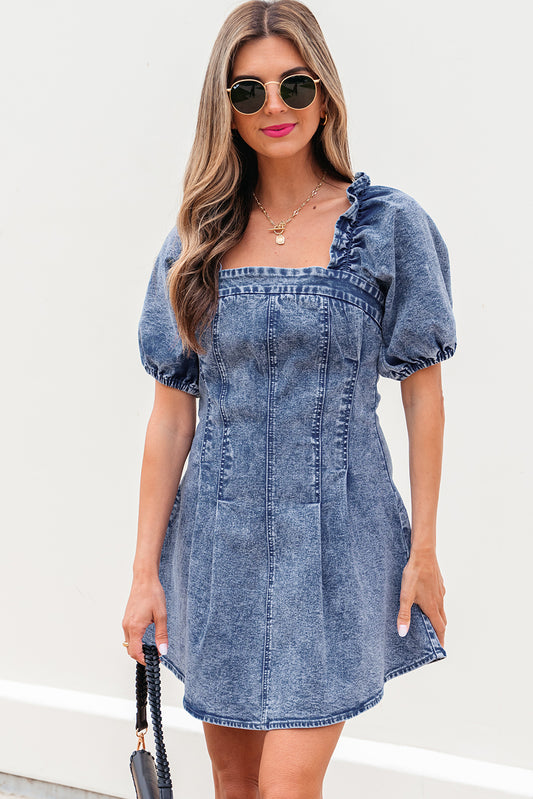 Blue Frilly Short Denim Dress