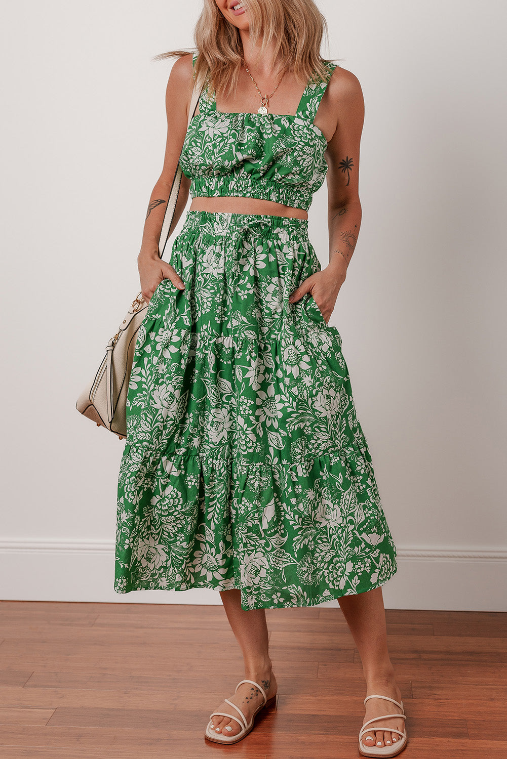 Green Floral High Waist Midi Skirt Set