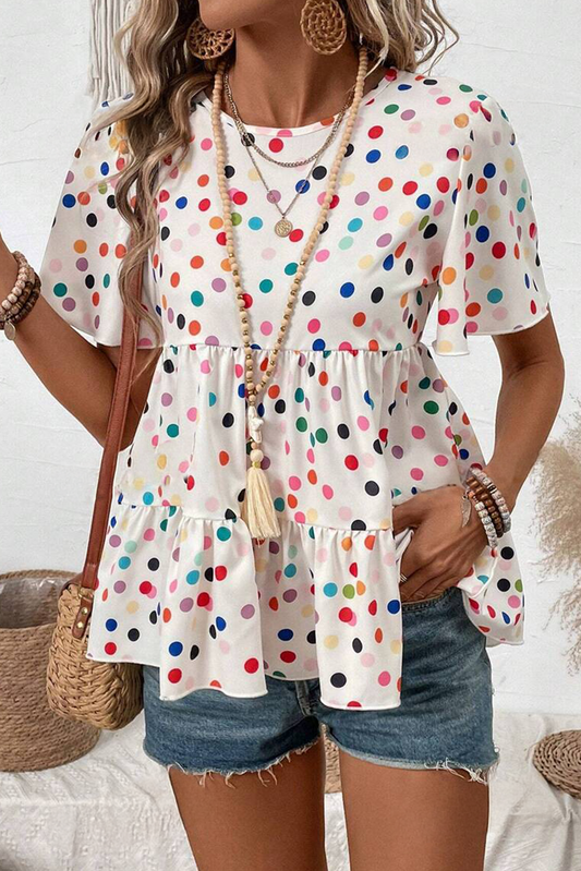 White Colorful Polka Dot Babydoll Blouse