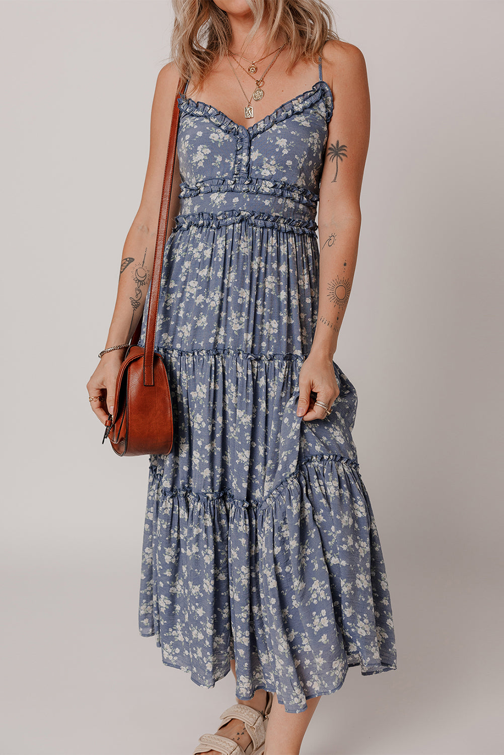 Blue Floral Spaghetti Strap Midi Dress