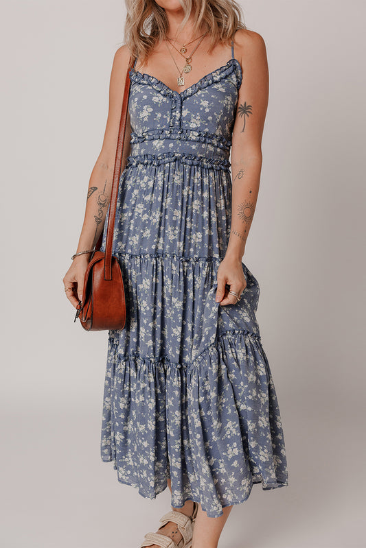 Blue Floral Spaghetti Strap Midi Dress