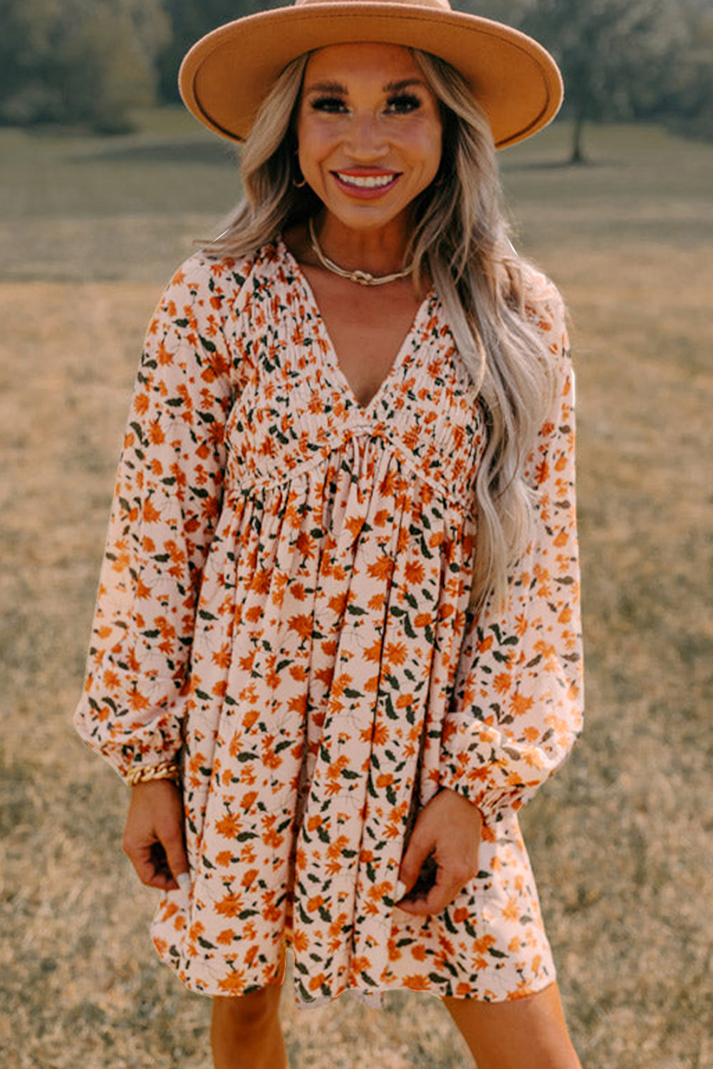 Beige Floral Babydoll Dress