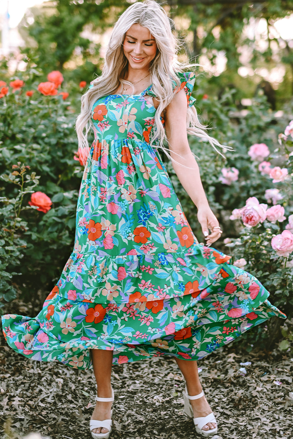 Green Floral Print Maxi Dress