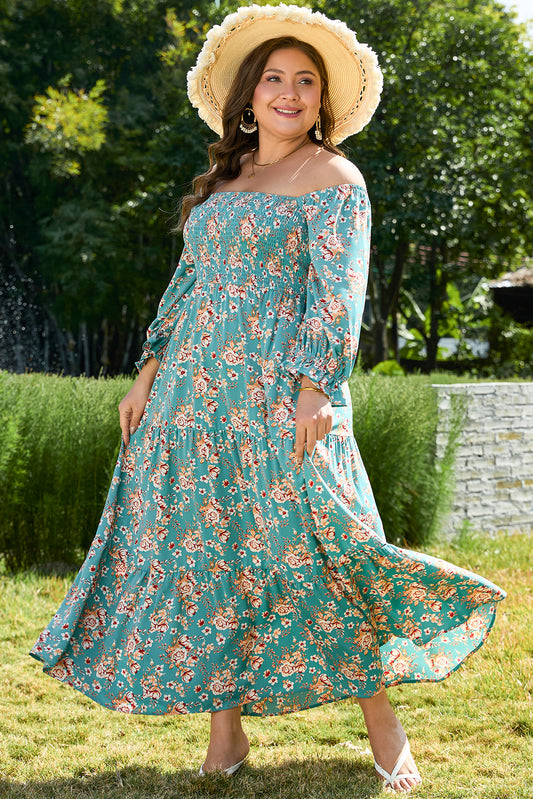 Green Floral Print Square Neck Maxi Dress