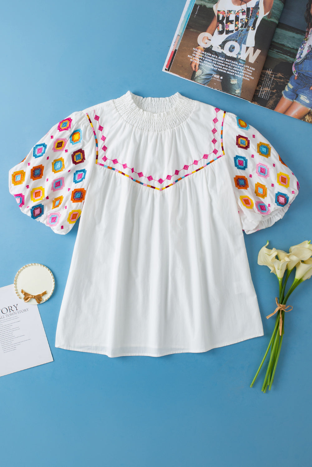 White Embroidered Puff Sleeve Top