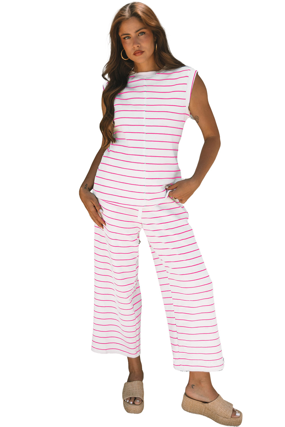 Rose Stripe Wide Leg Pants Set