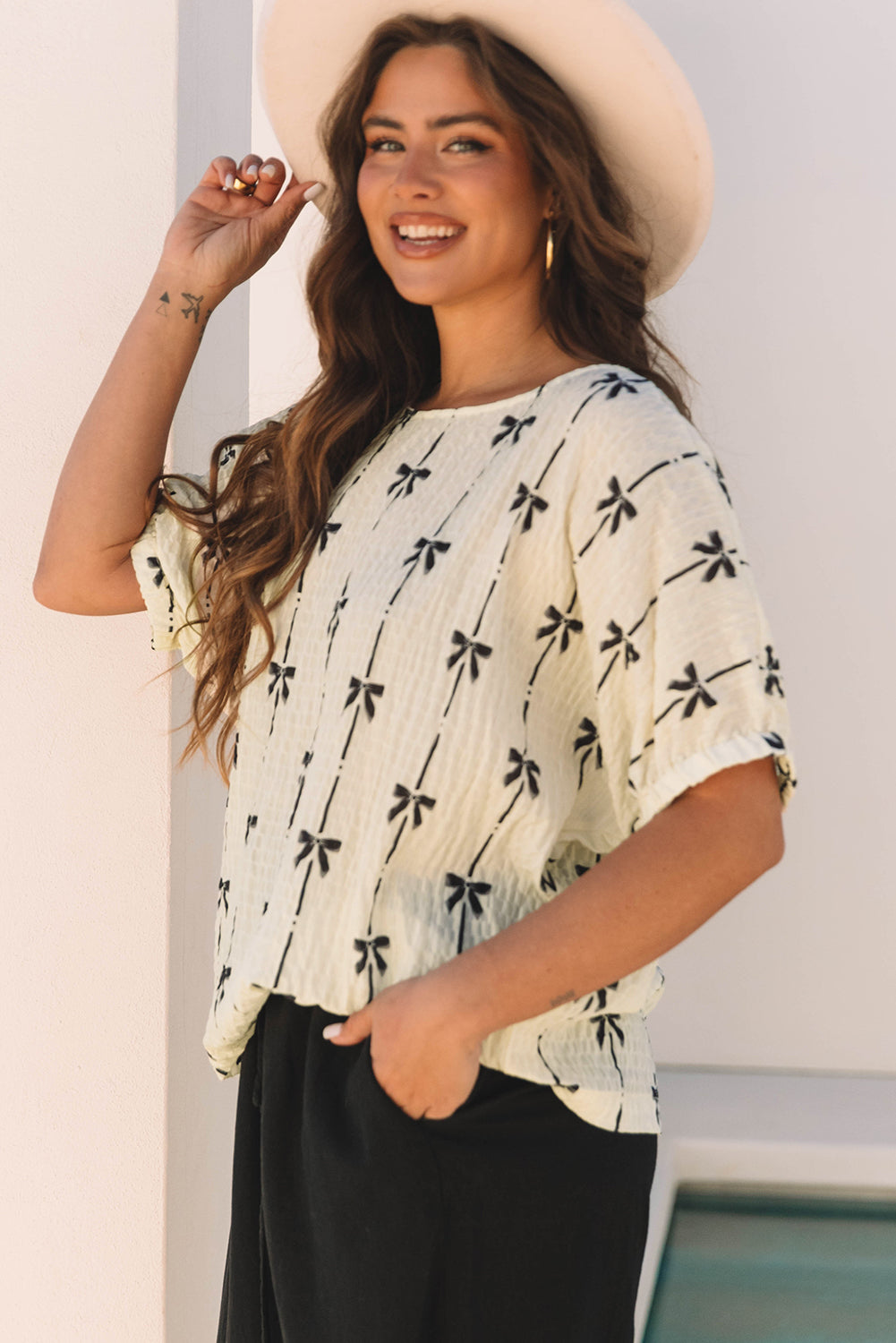 Beige Bow Print Top