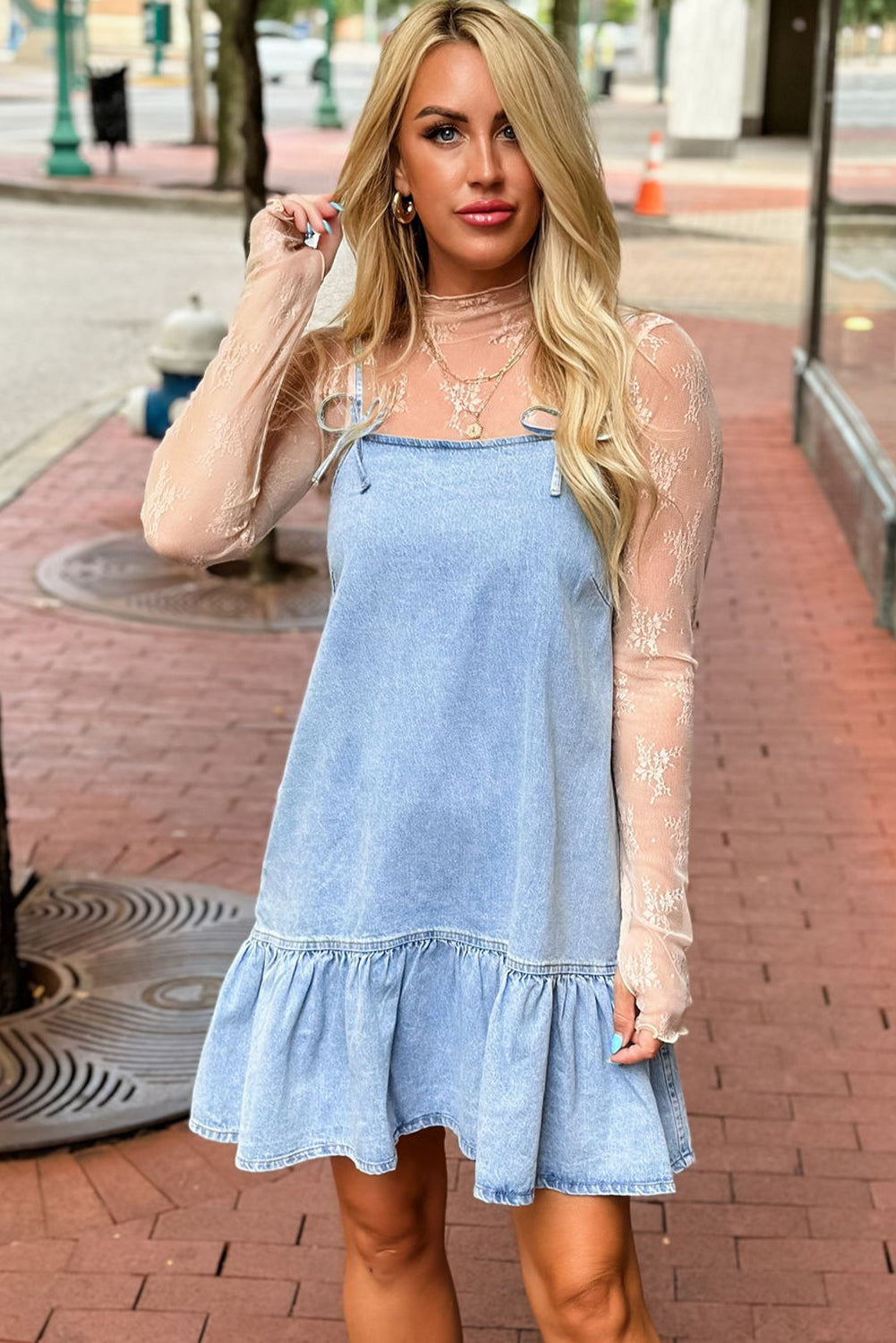 Blue Bow Detail Denim Short Dress