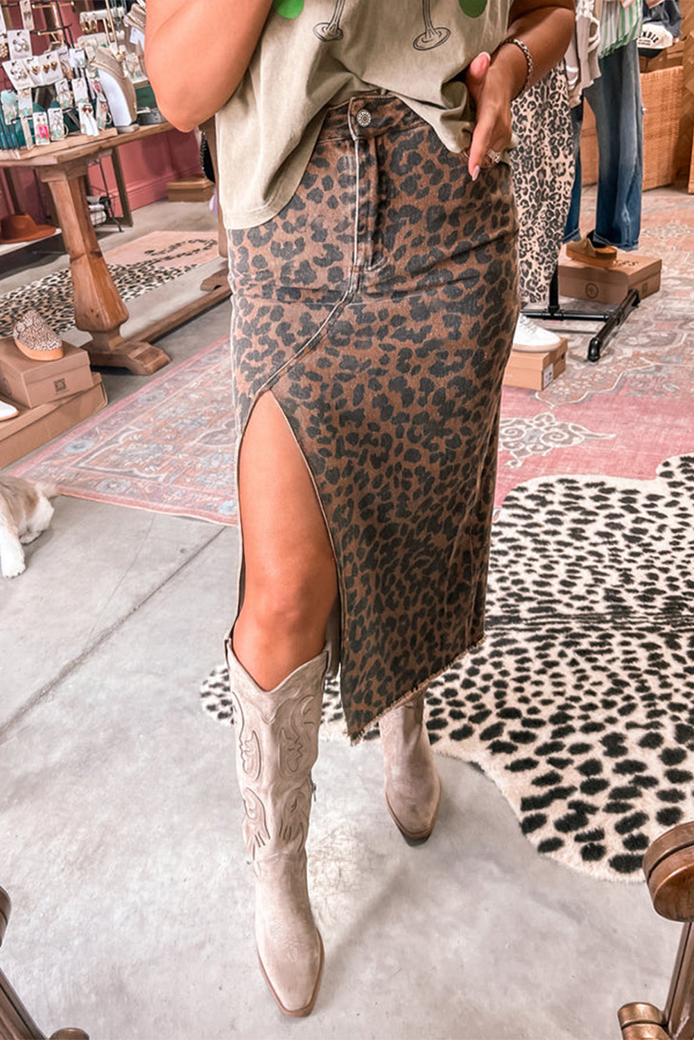 Brown Leopard Denim Midi Skirt