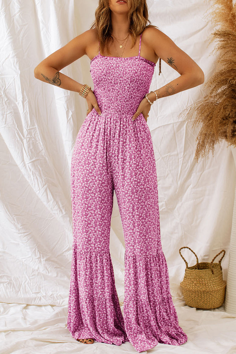 Purple Pink Smocked Wide Leg Floral Jumpsuit