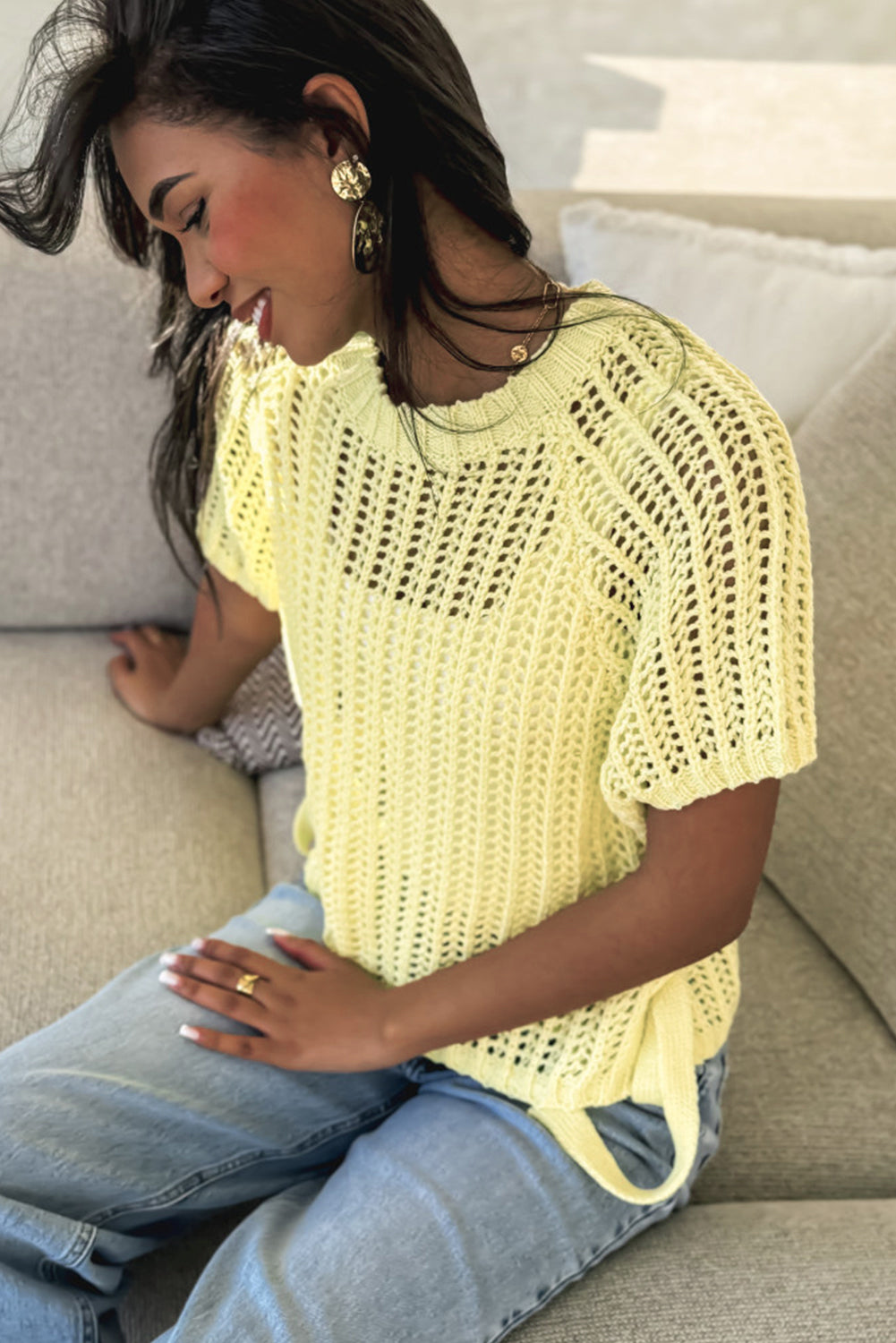 Yellow Cream Crochet Sweater Top