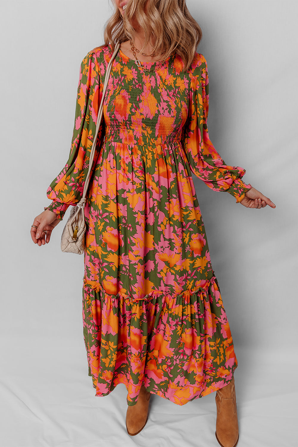 Orange Floral Puff Sleeve Dress
