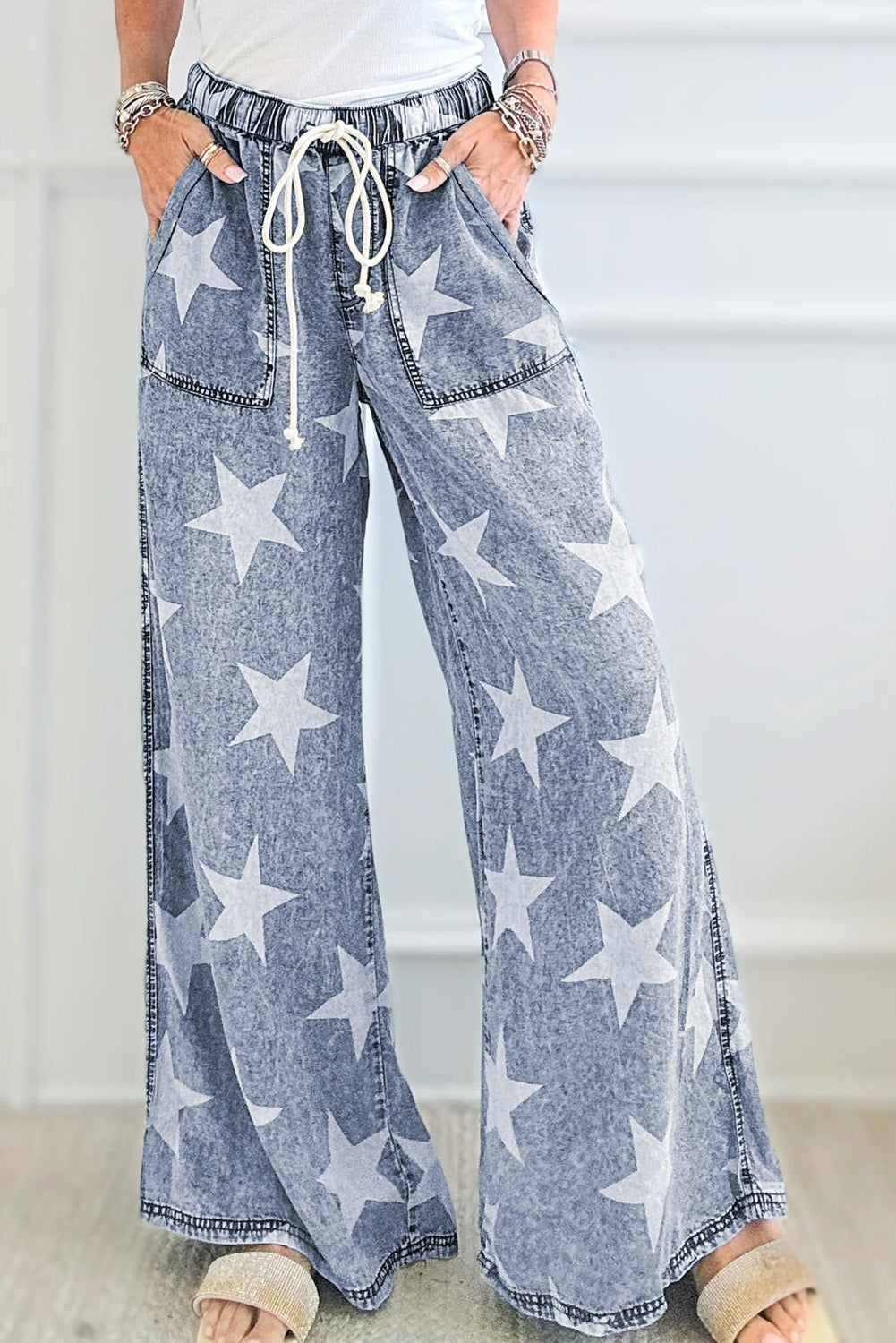 Light Blue Star High Waist Wide Leg Jeans