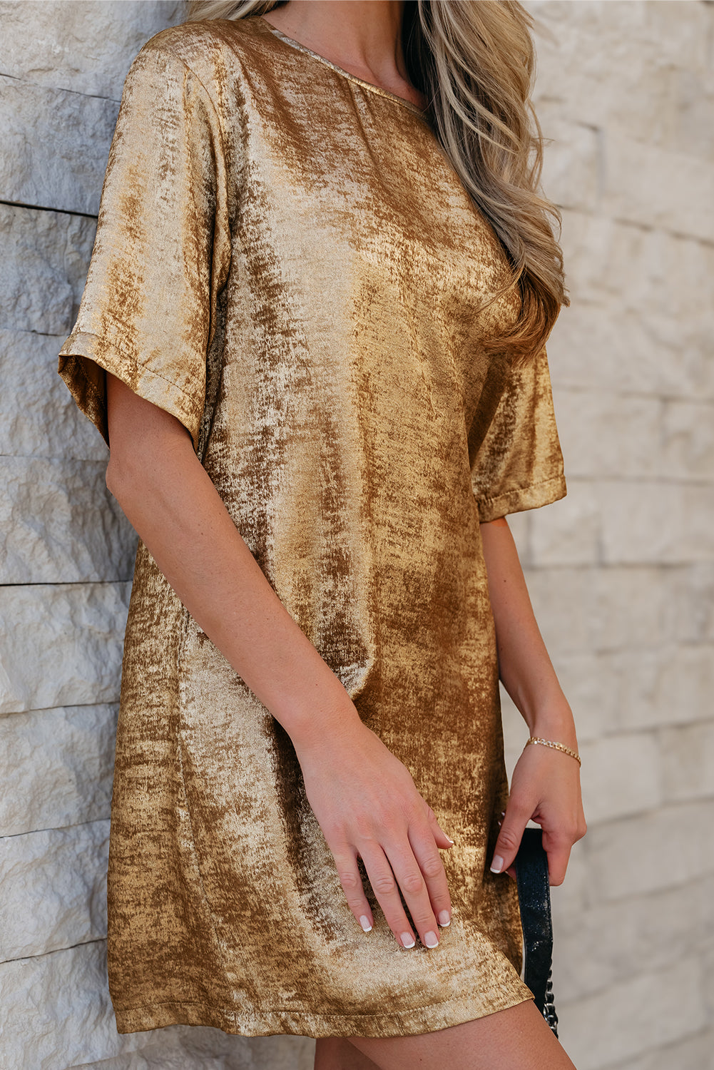 Gold Metallic Crewneck Mini T-Shirt Dress