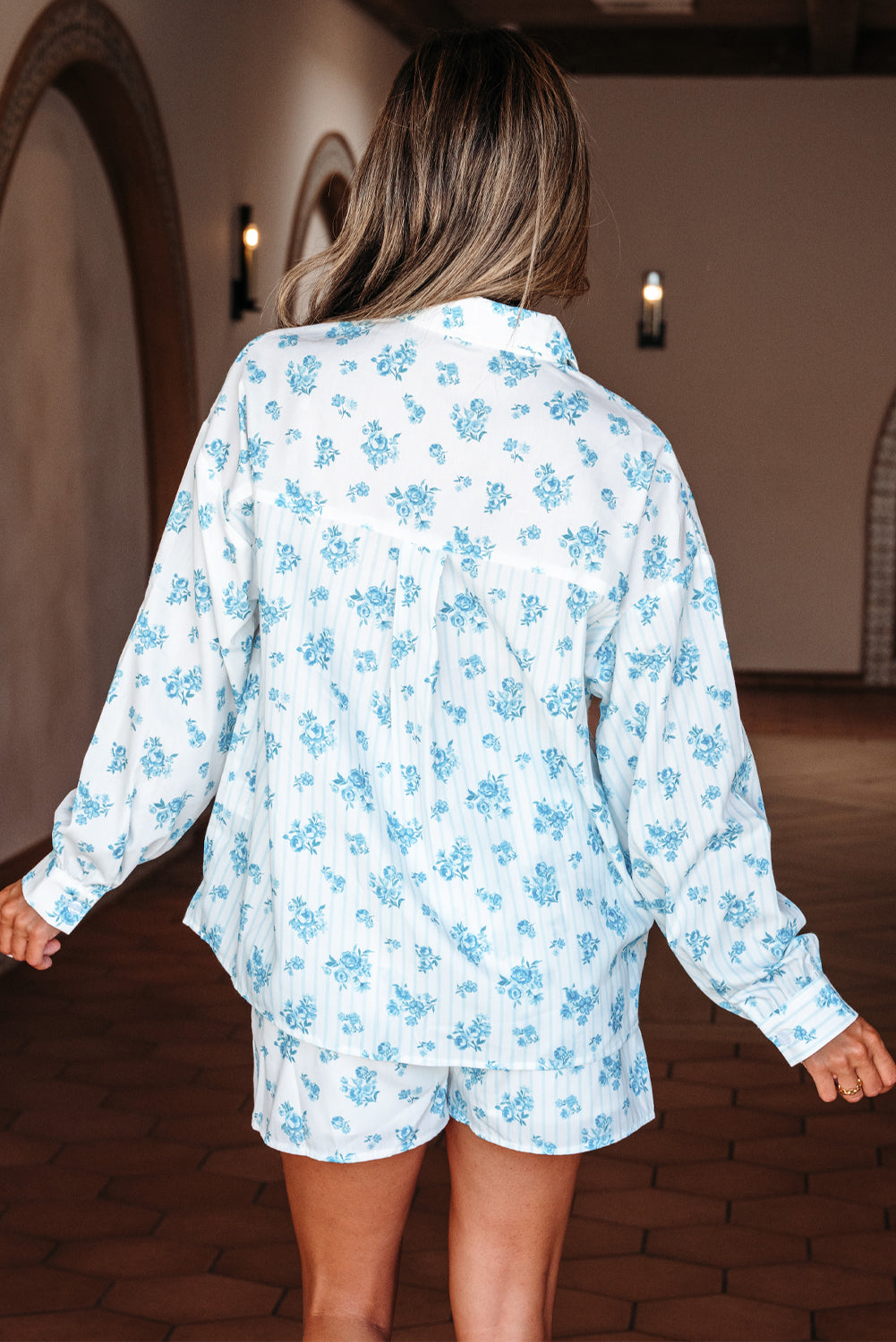 Sky Blue Floral Shirt and Shorts Set
