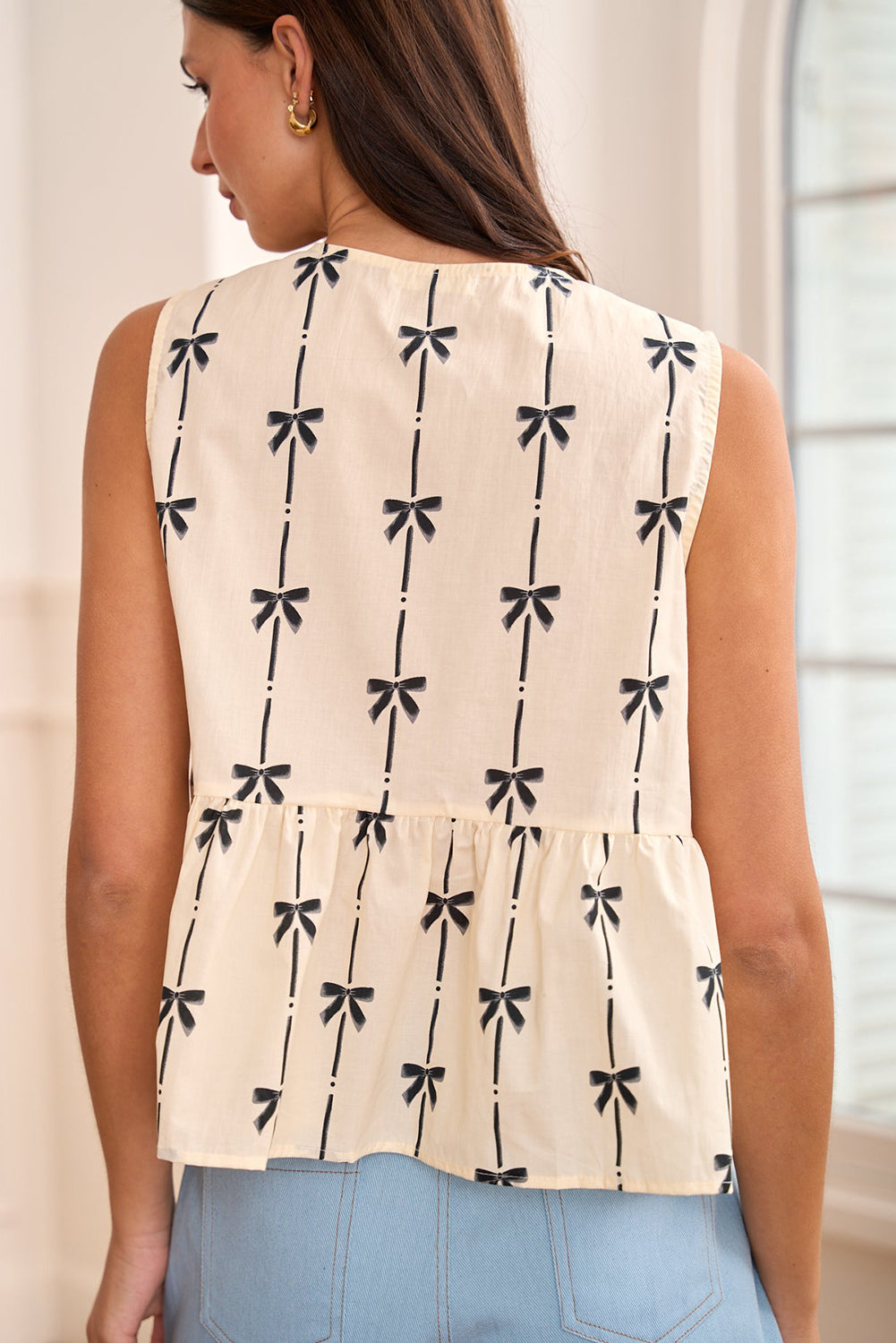 White Bow Printed Tie Vest