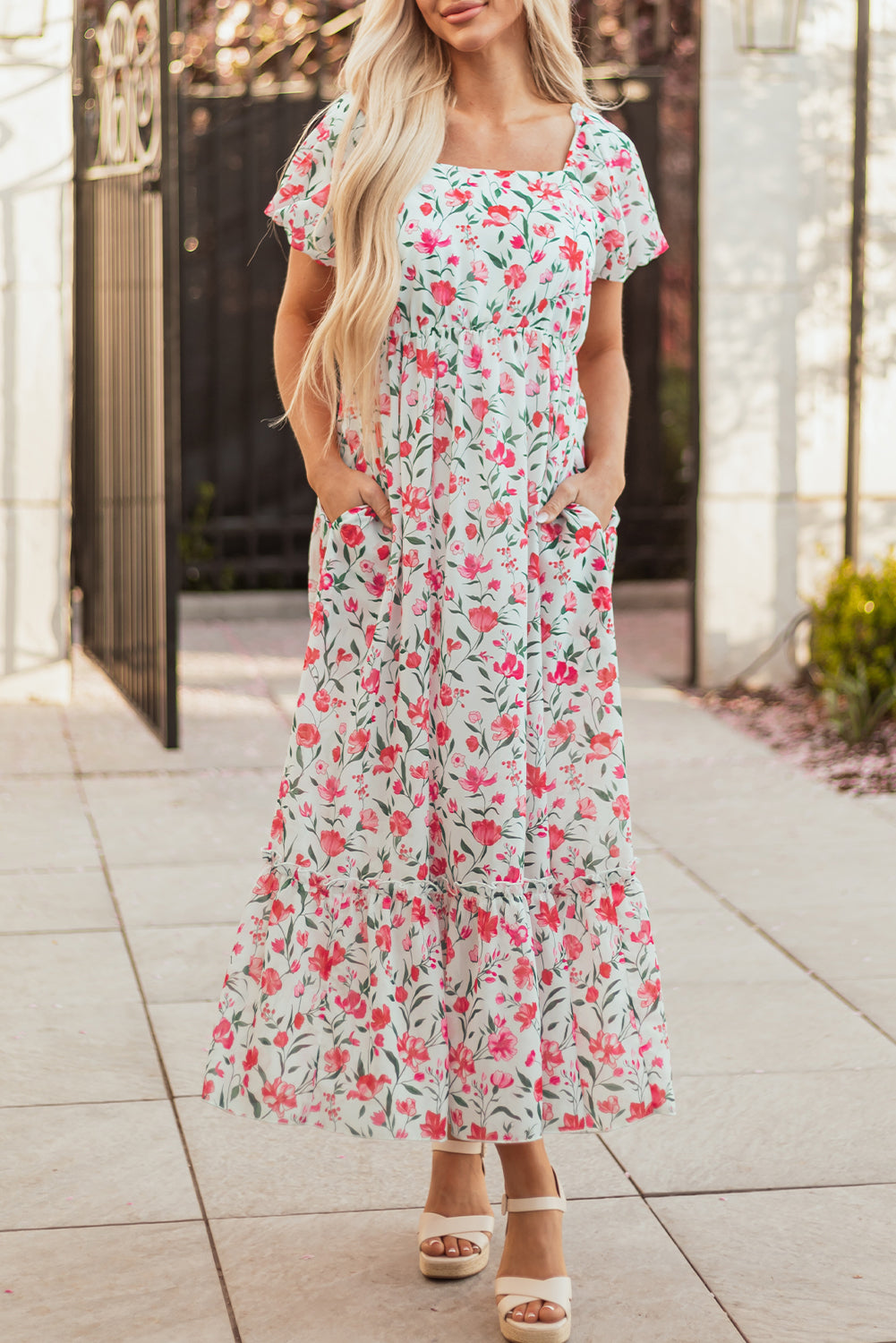 Pink Floral Puff Sleeve Maxi Dress