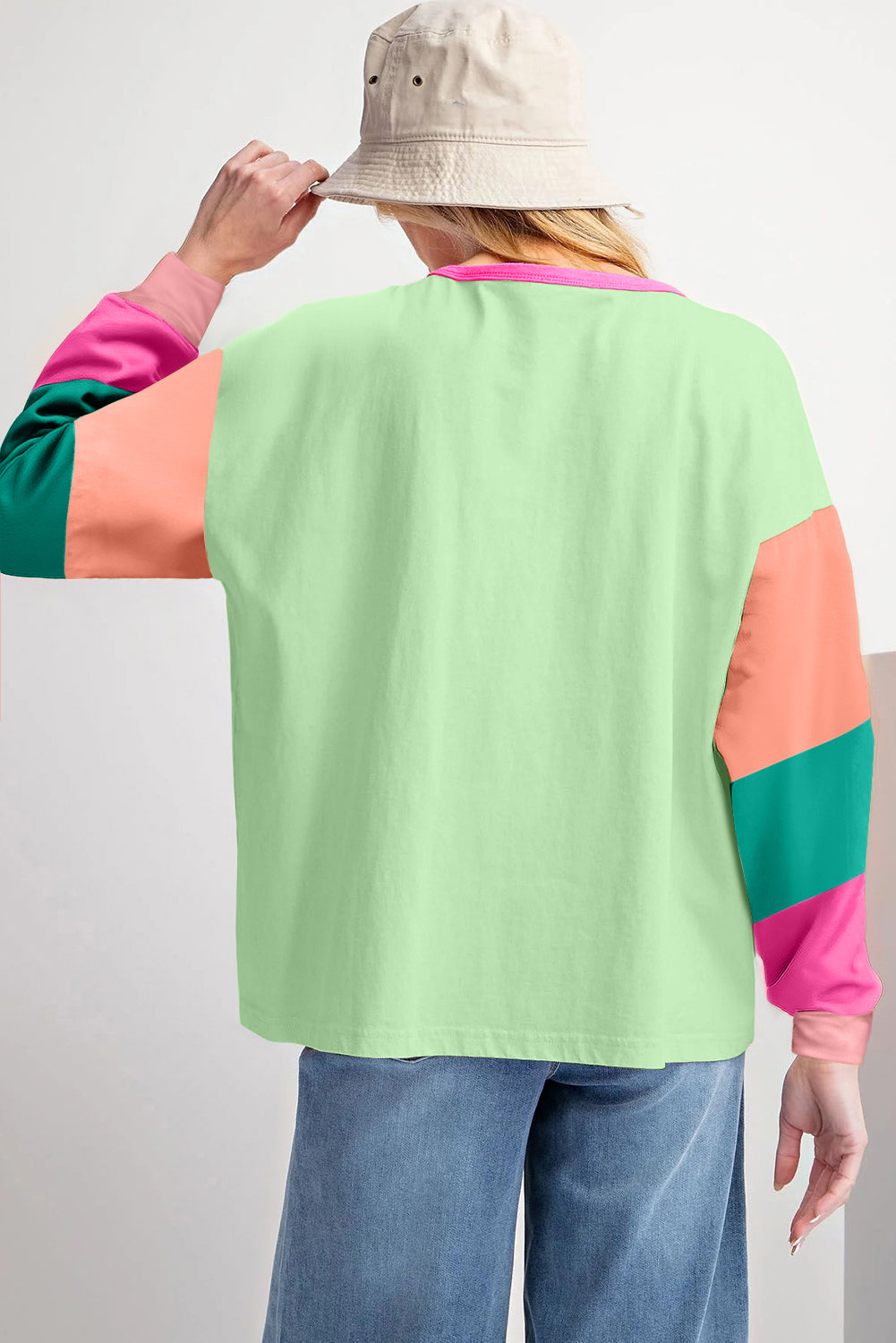 Green Colorblock Long Sleeve  Top