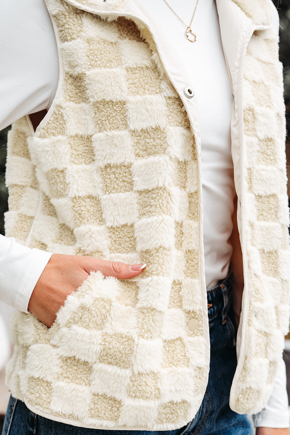 Khaki Sherpa Vest Jacket With Pocket