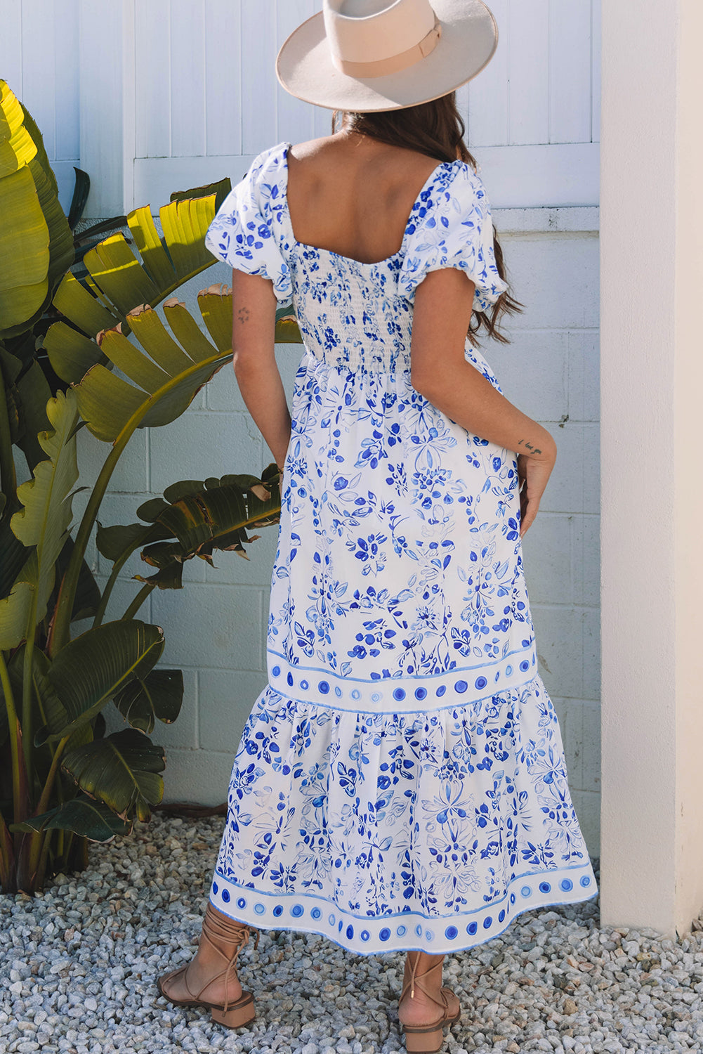 Sky Blue Floral Print Square Neck Maxi Dress