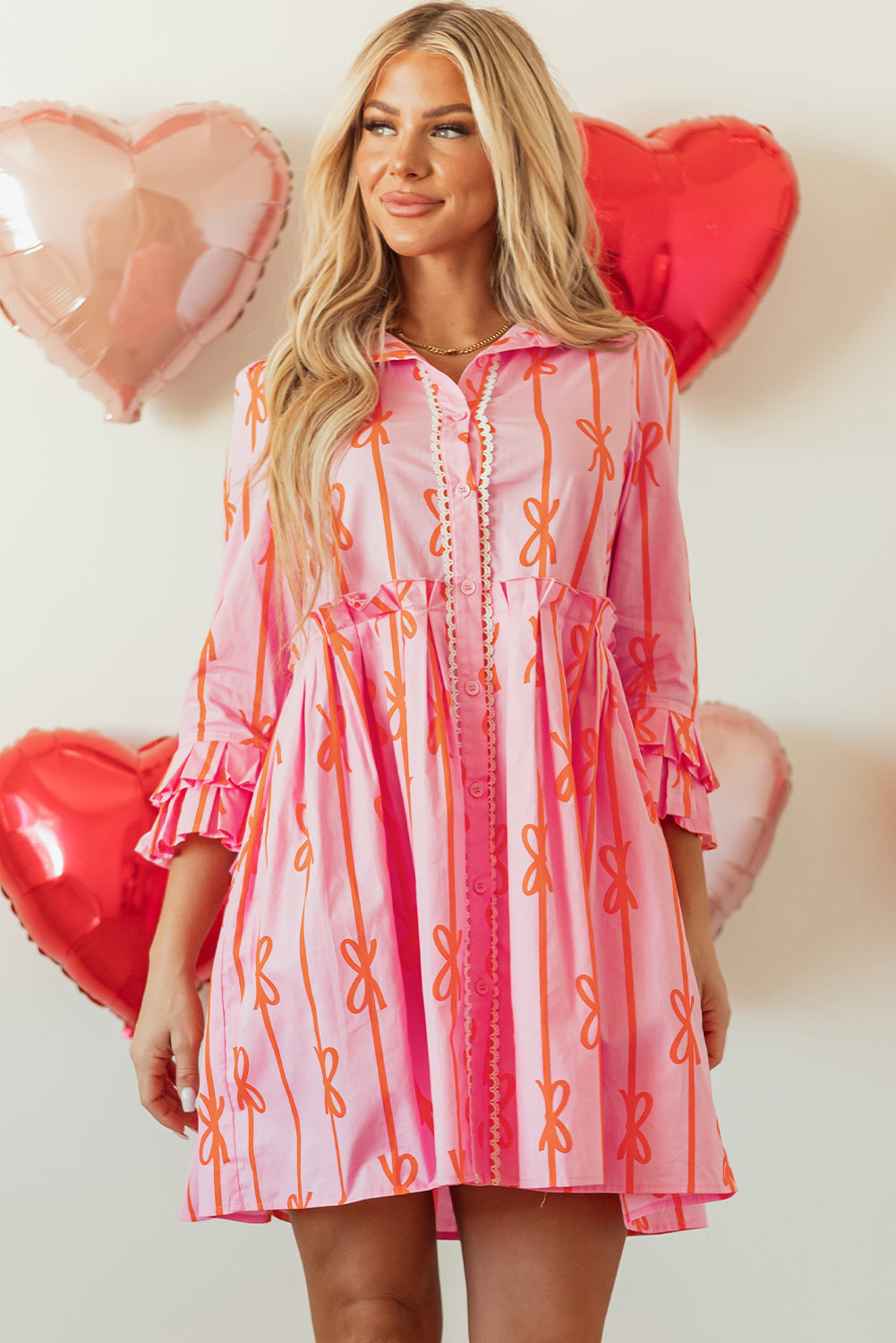 Pink Bowknot Mini Shirt Dress