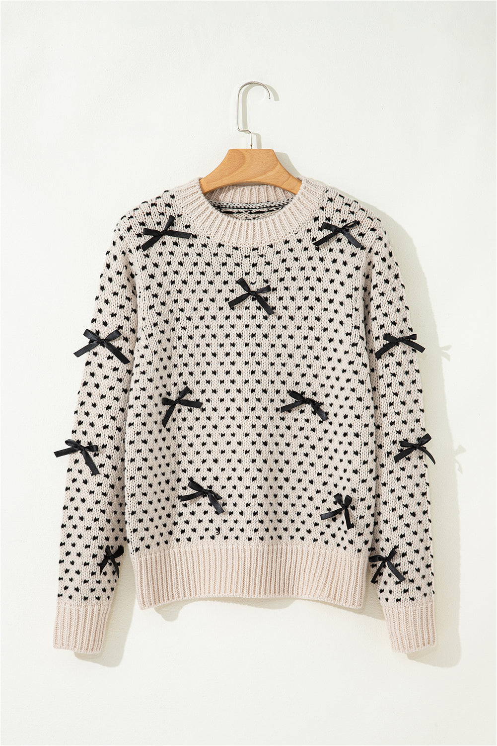 Beige Bow Crew Neck Sweater