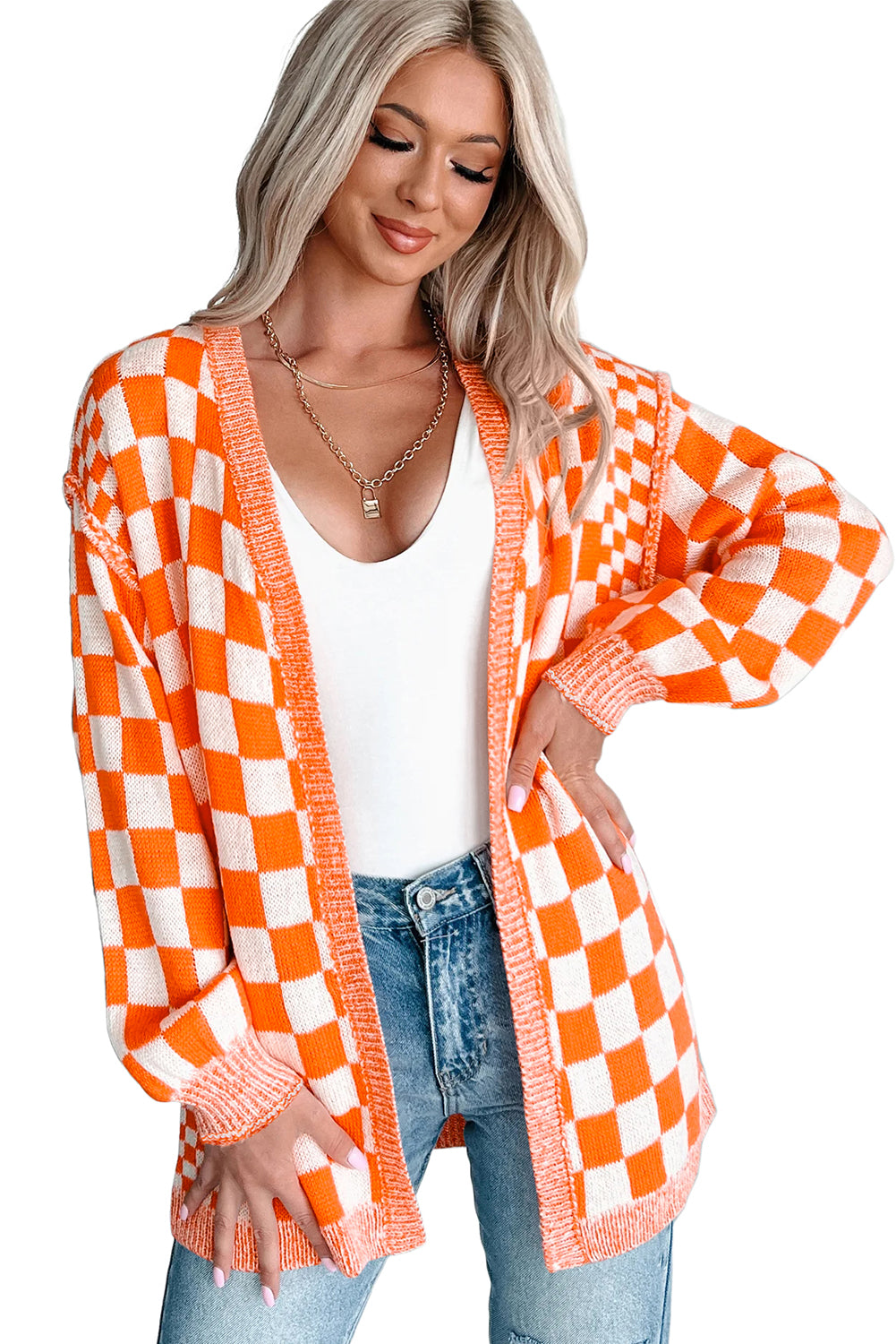 Orange Checkered Cardigan