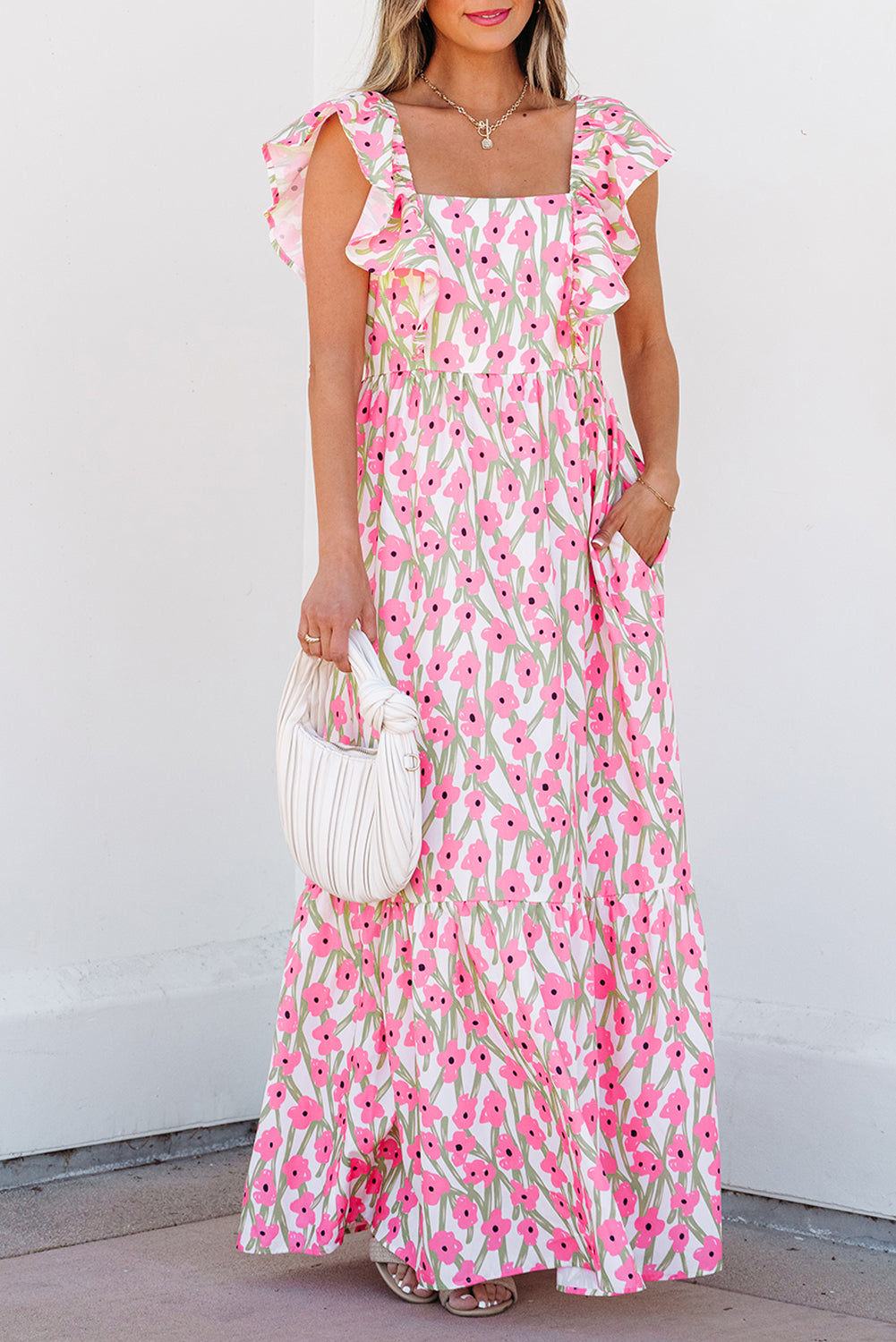 Pink Floral Print Maxi Dress