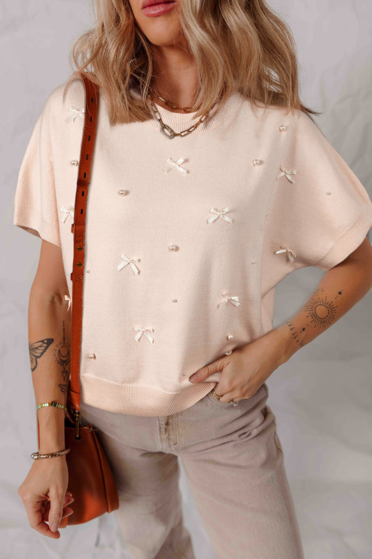 Oatmeal Pearl Bow Short Sleeve Sweater