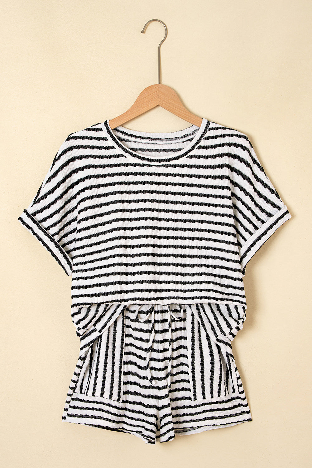 Black Stripe Top and Drawstring Shorts Set