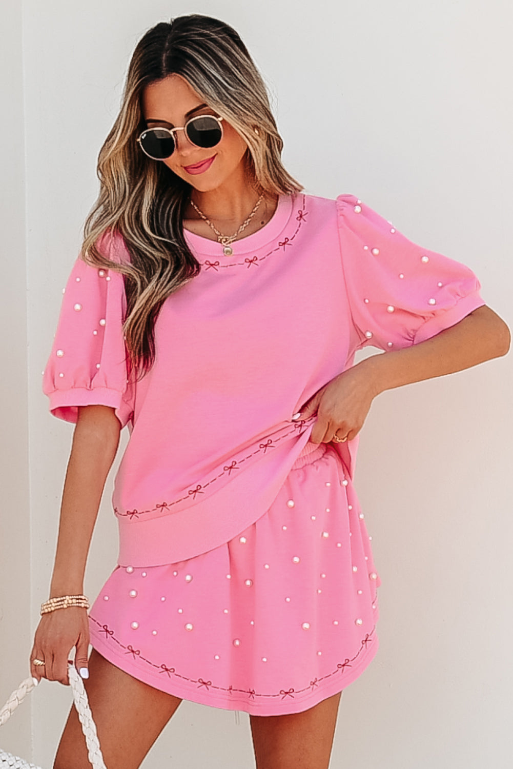 Pink Contrast Bow Trim Pearl Set