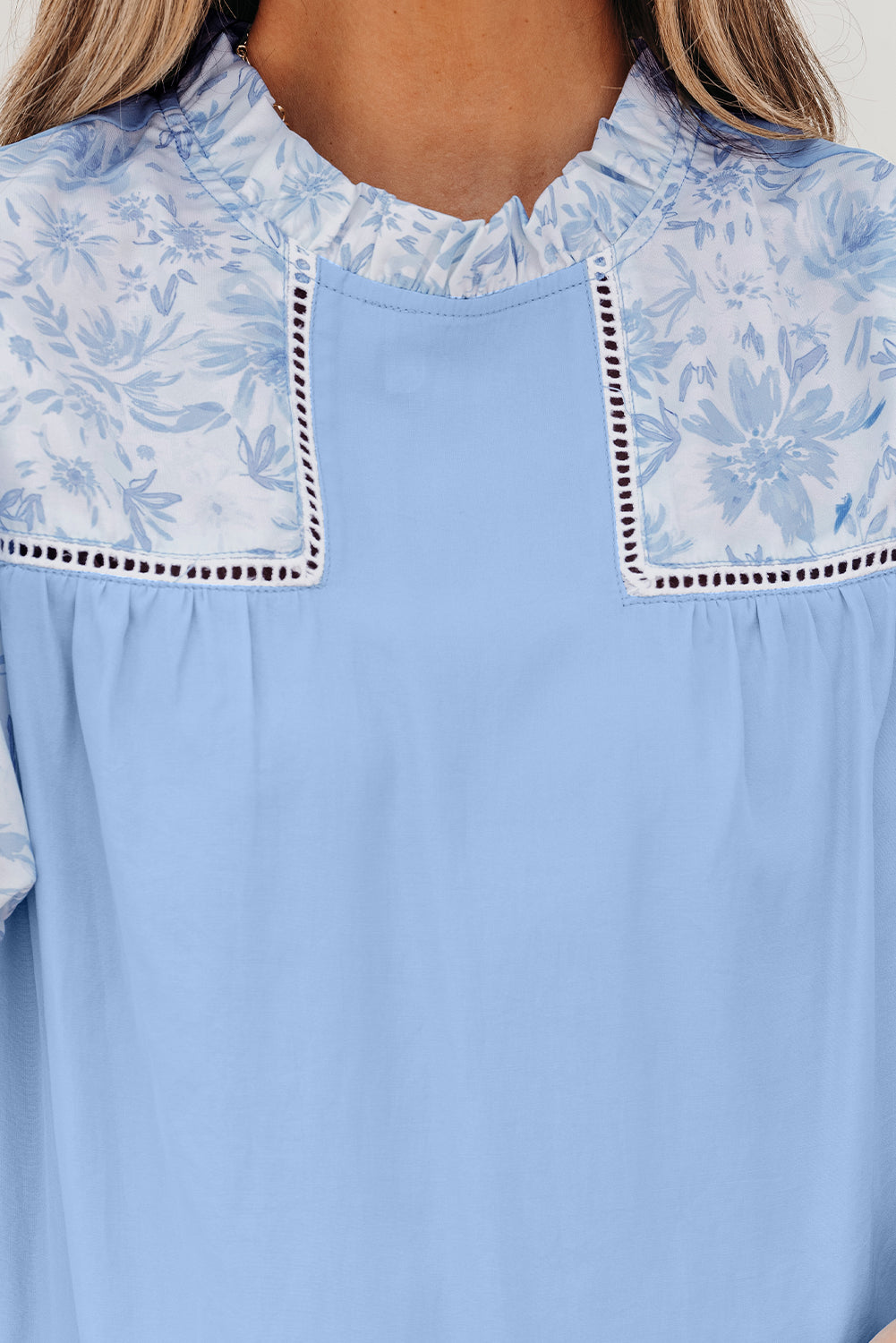 Blue Lace Floral Puff Blouse