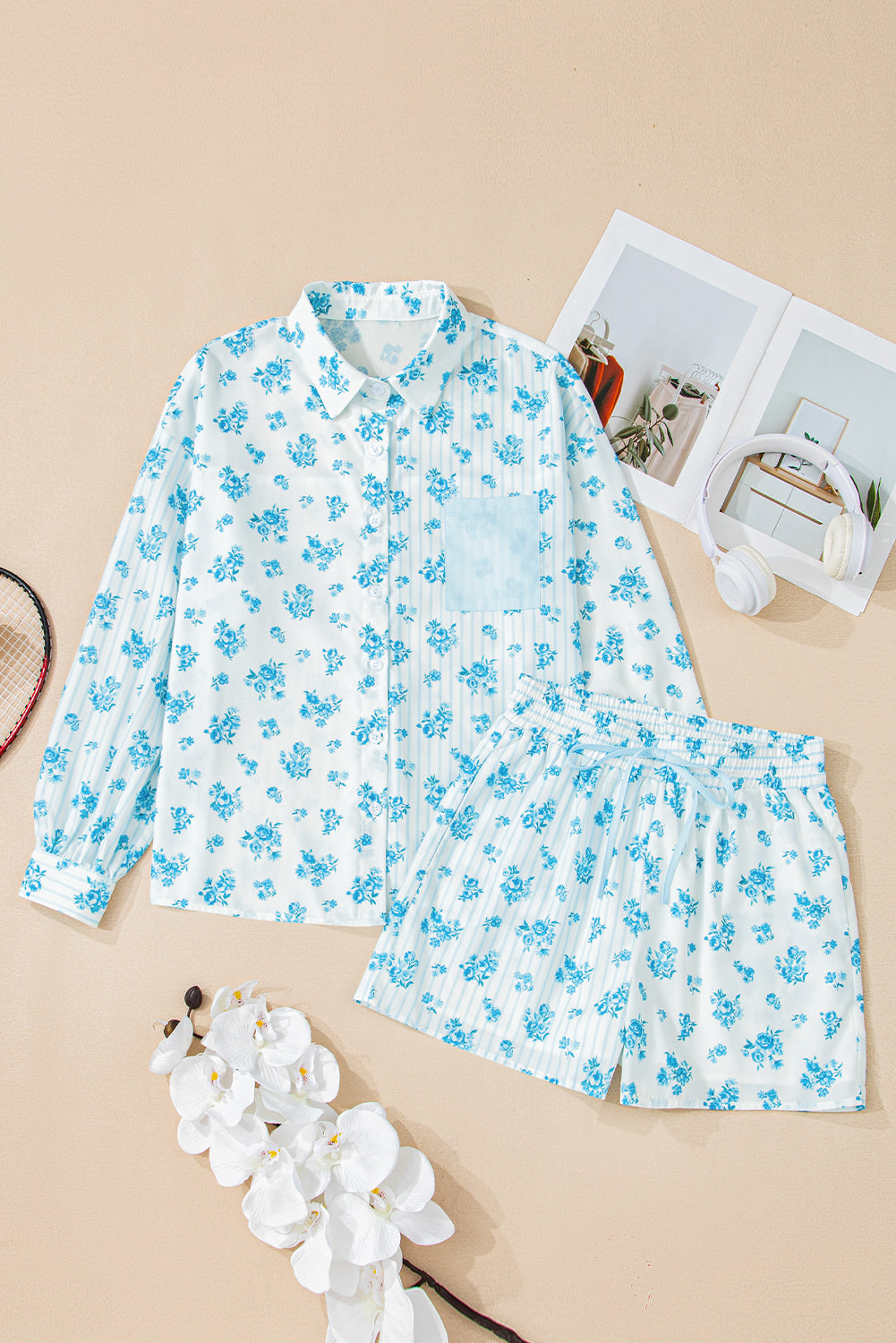 Sky Blue Floral Shirt and Shorts Set