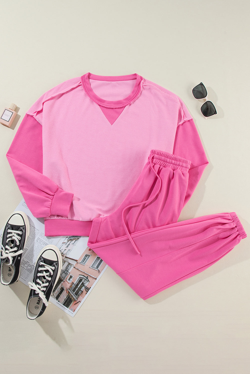 Pink Contrast Patchwork Joggers Set