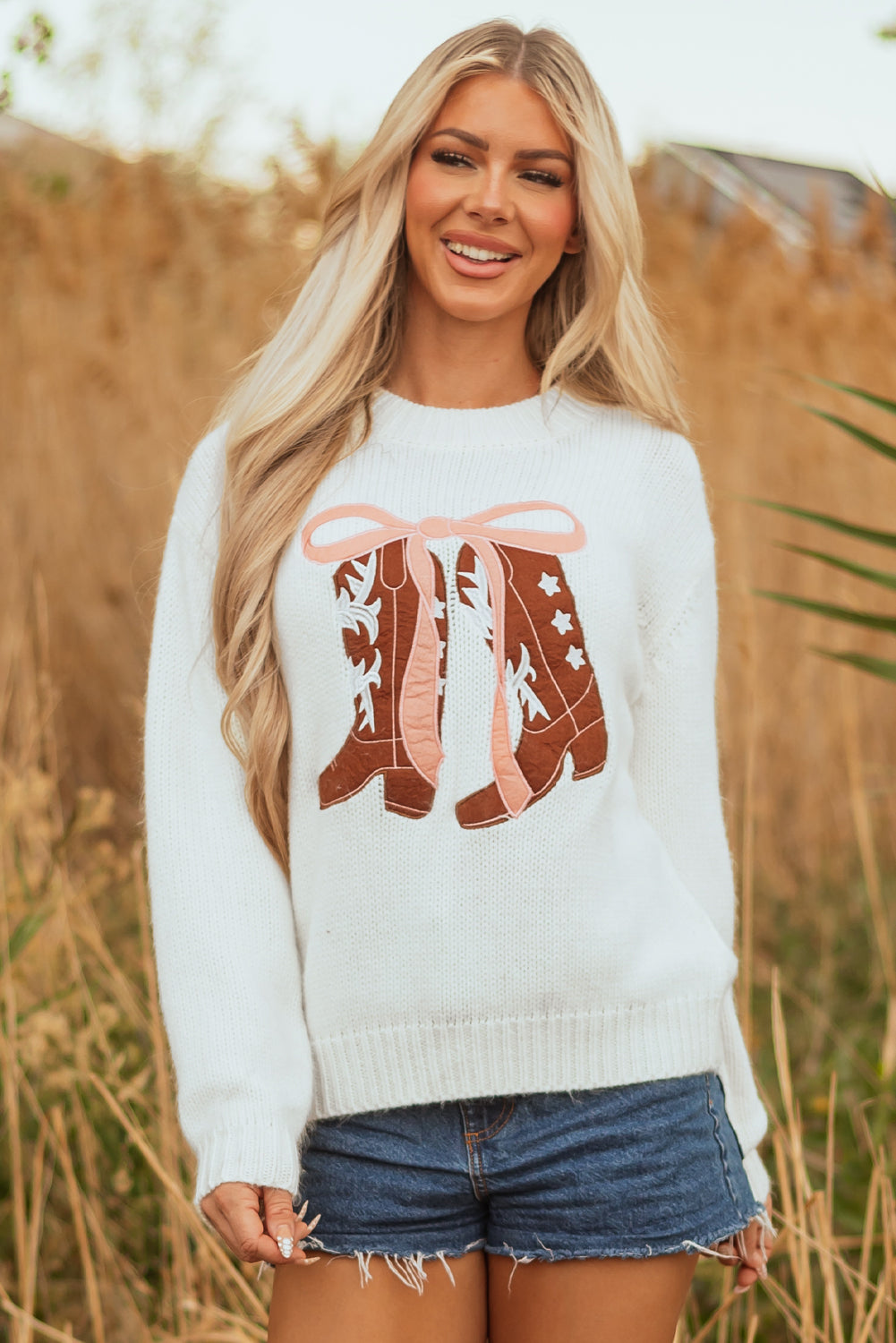 White Embroidered Bow Boots Sweater