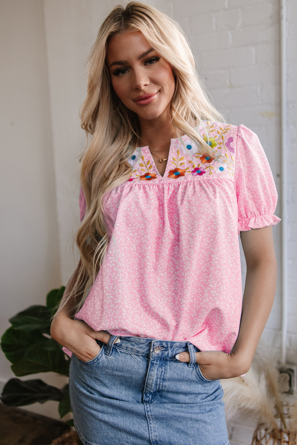 Pink Floral Embroidered Blouse