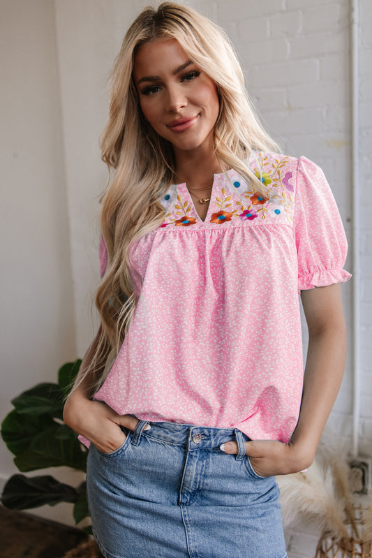 Pink Floral Embroidered Blouse