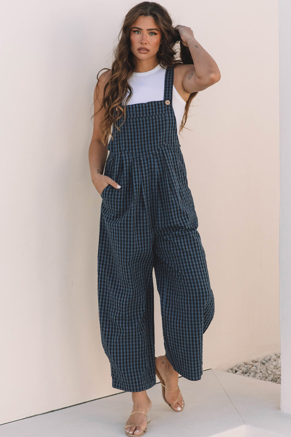 Blue Plaid Print High Waist Overall