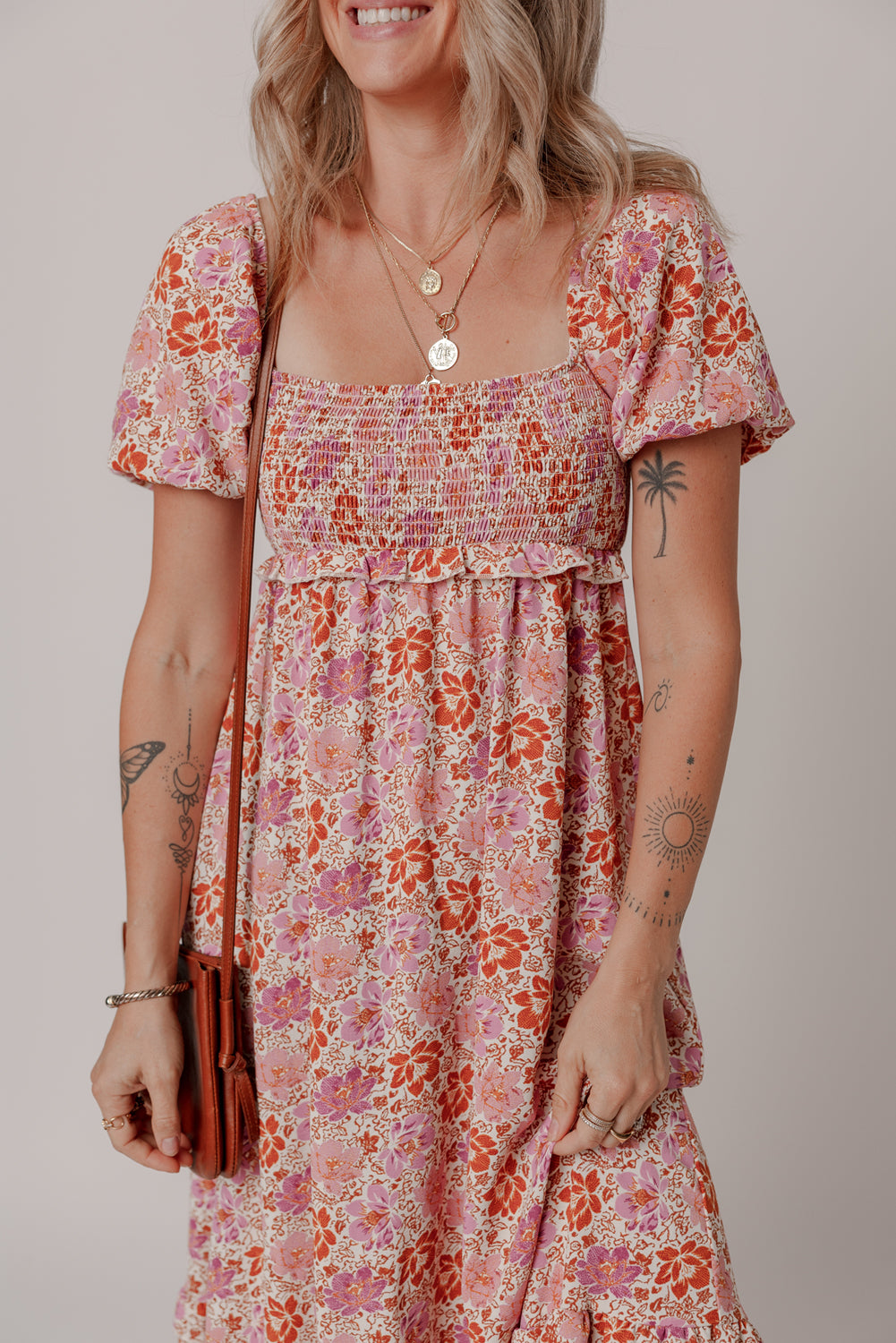 Pink Floral Square Neck Midi Dress