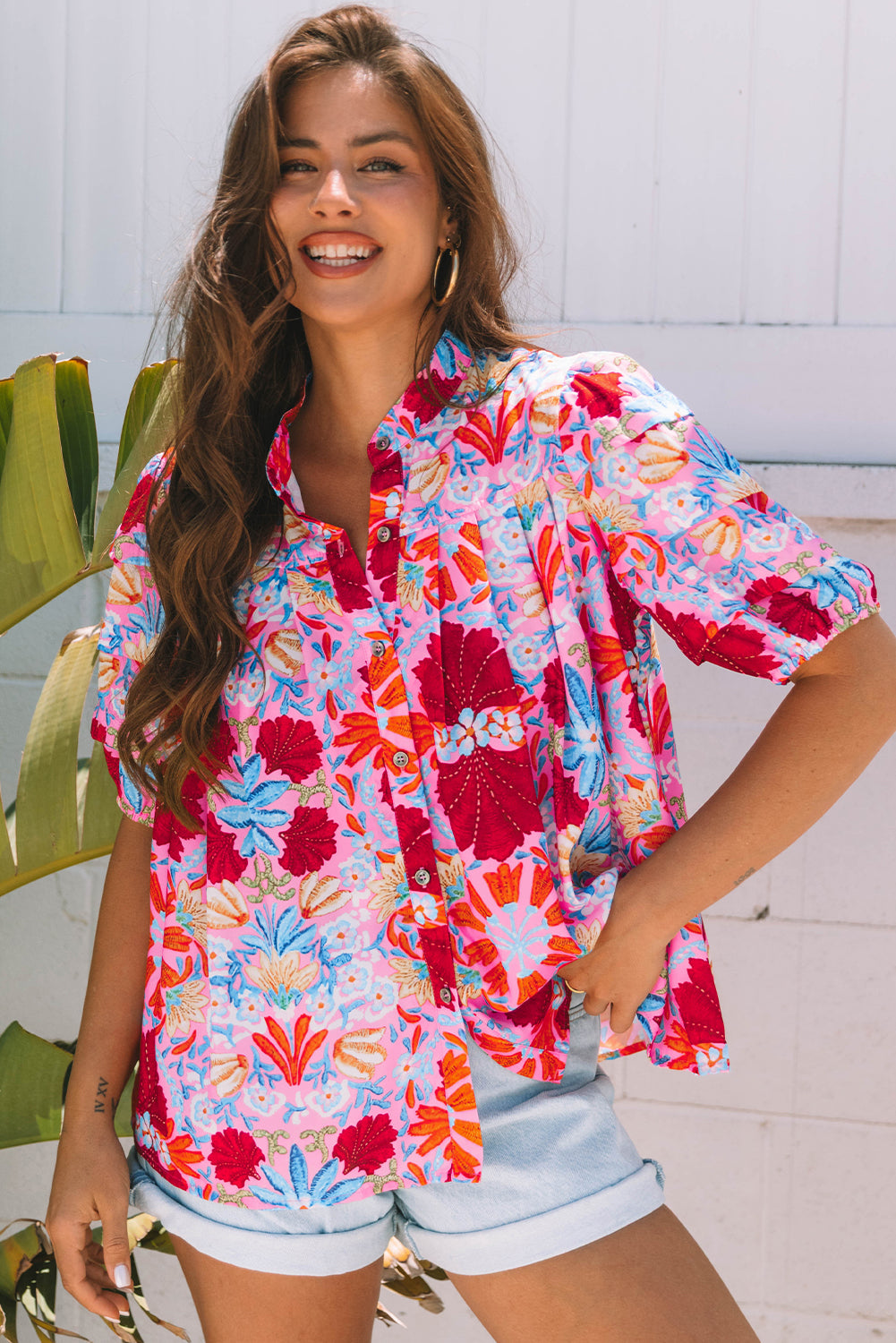 Pink Floral Print Pleated Shirt