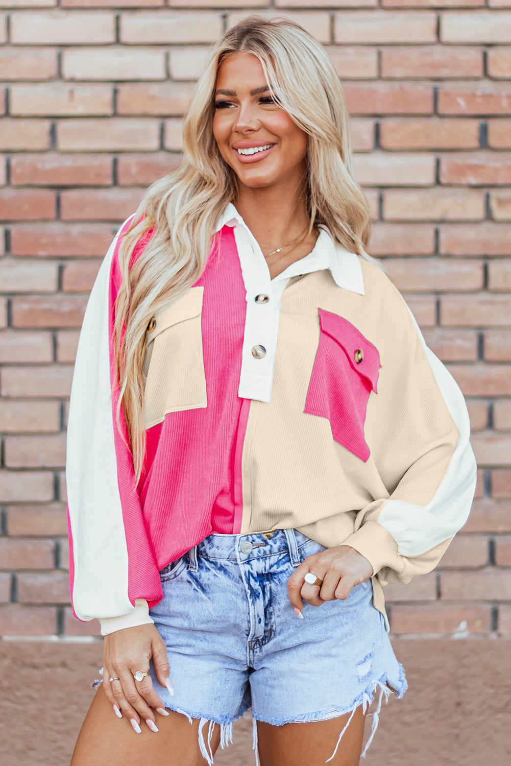 Rose Red Colorblock Oversized Sweatshirt