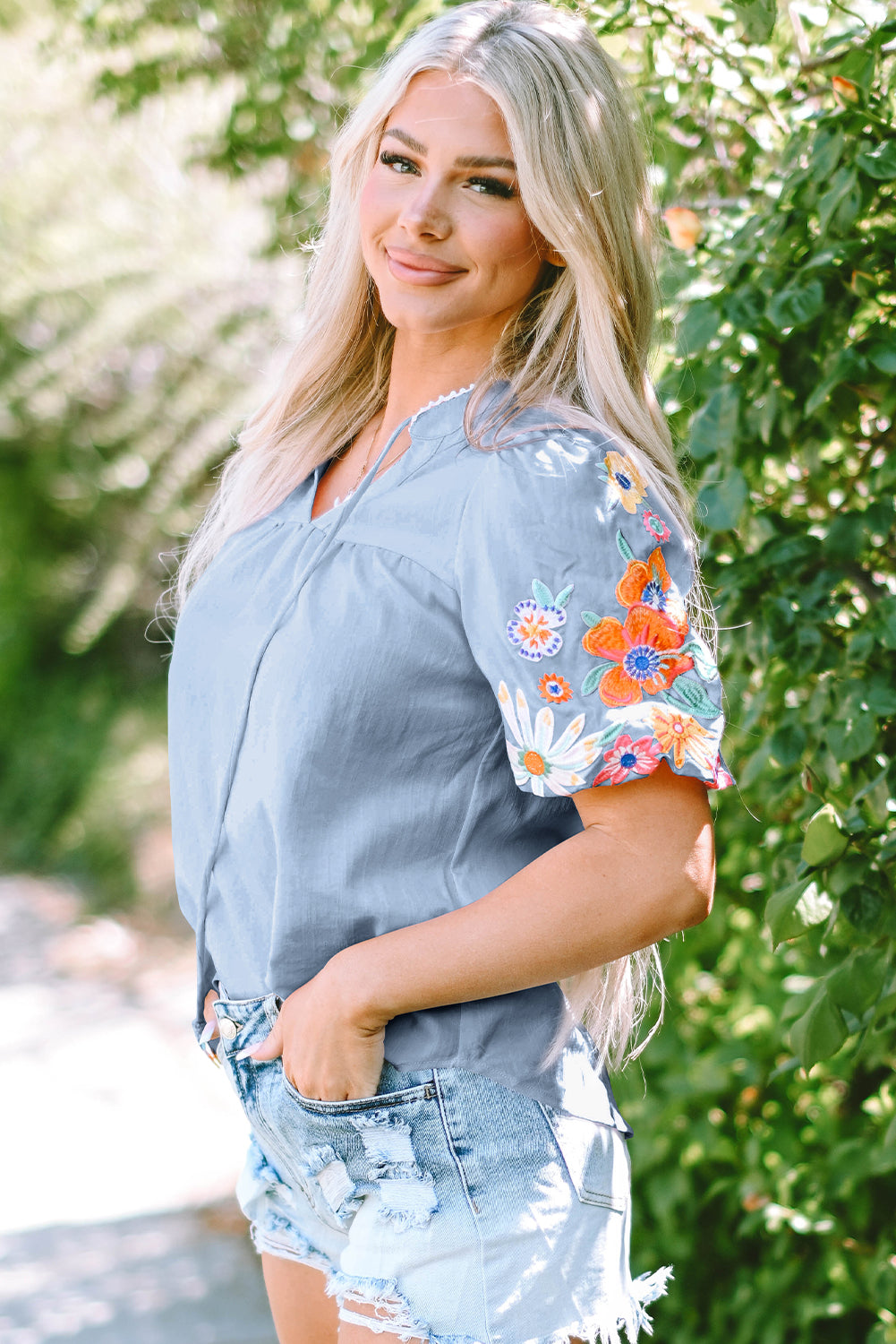 Blue Floral Embroidered Blouse