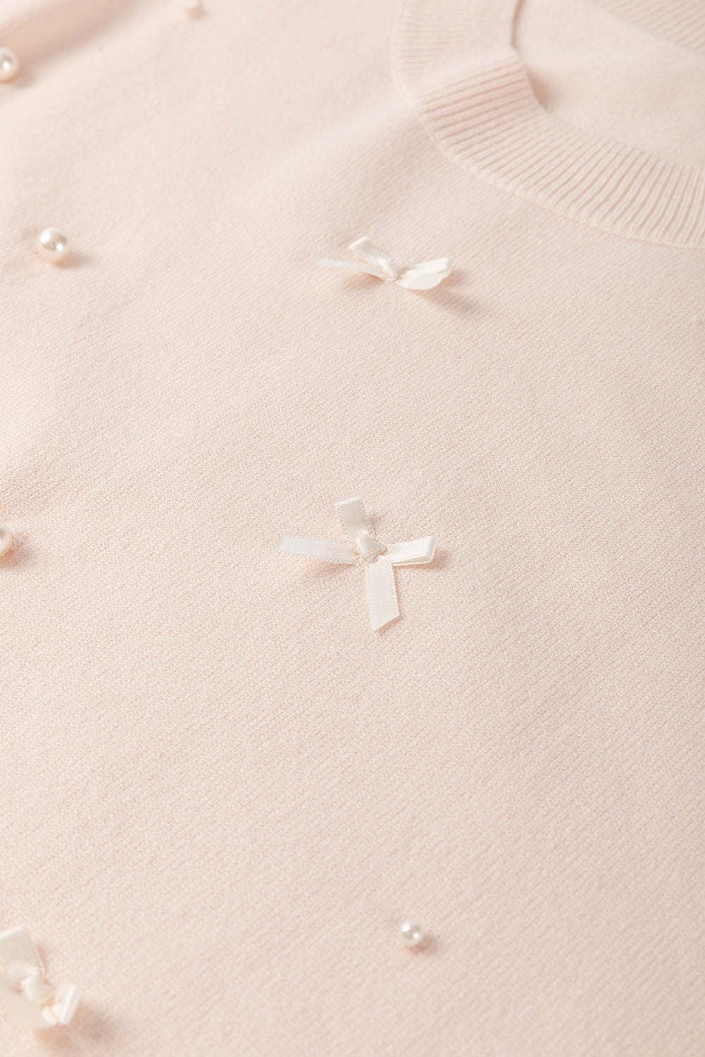 Oatmeal Pearl Bow Short Sleeve Sweater