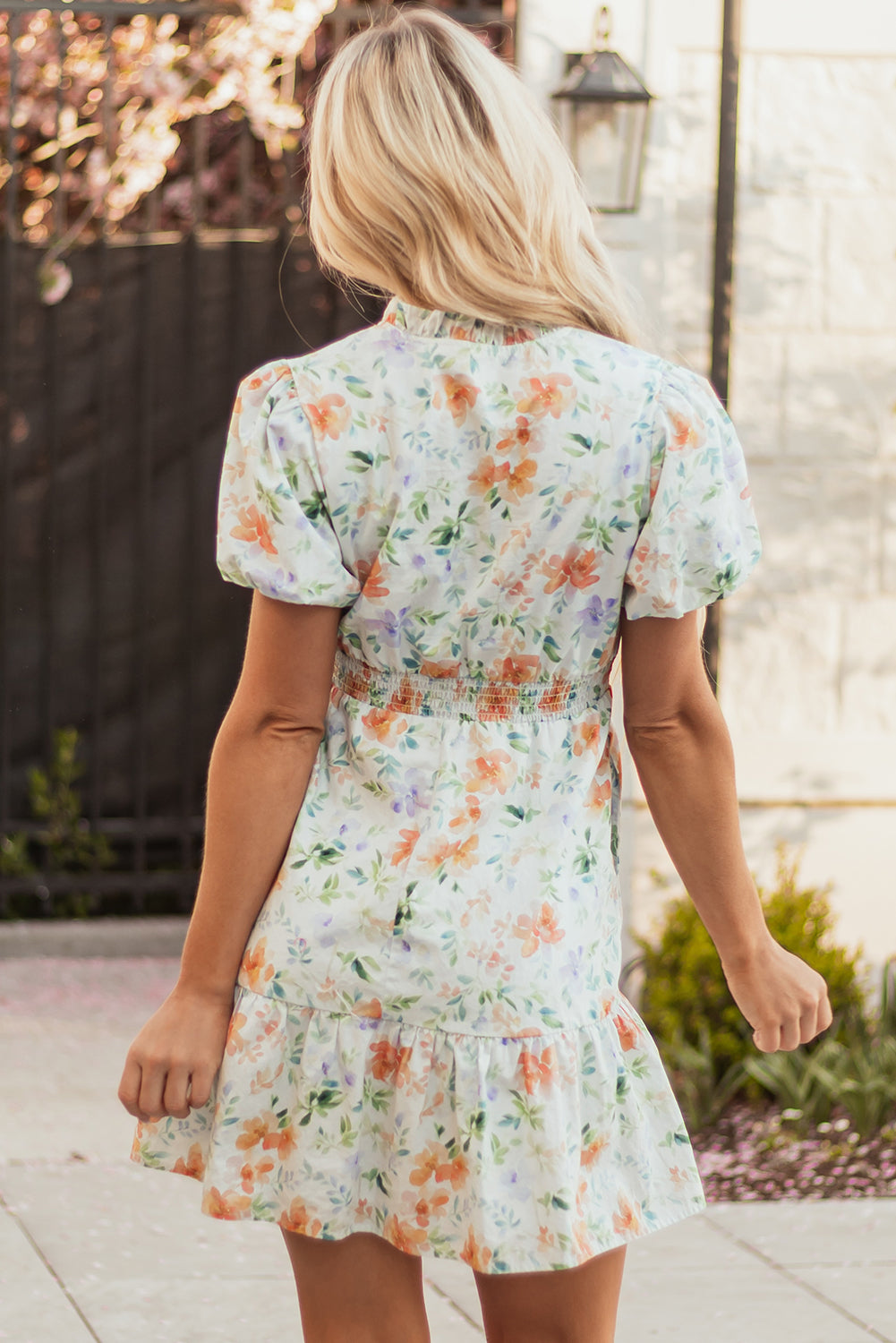 Beige Floral Print Mini Dress